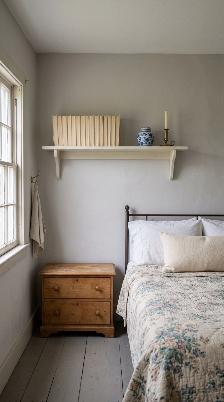 Floating shelf with books turned pages-out beside a ceramic jar in an English cottage bedroom