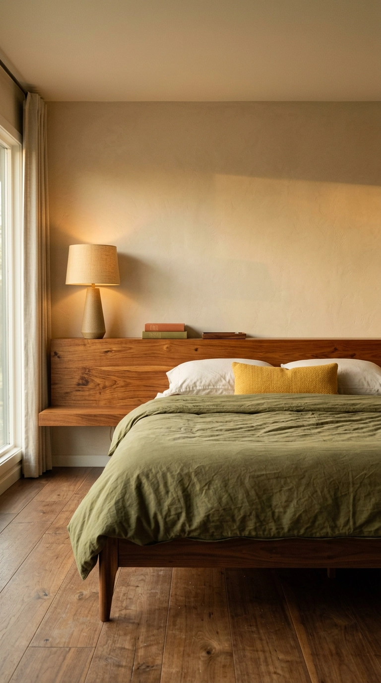 Wide teak floating shelf mounted low behind a mattress as a headboard ledge in a mid-century modern bedroom