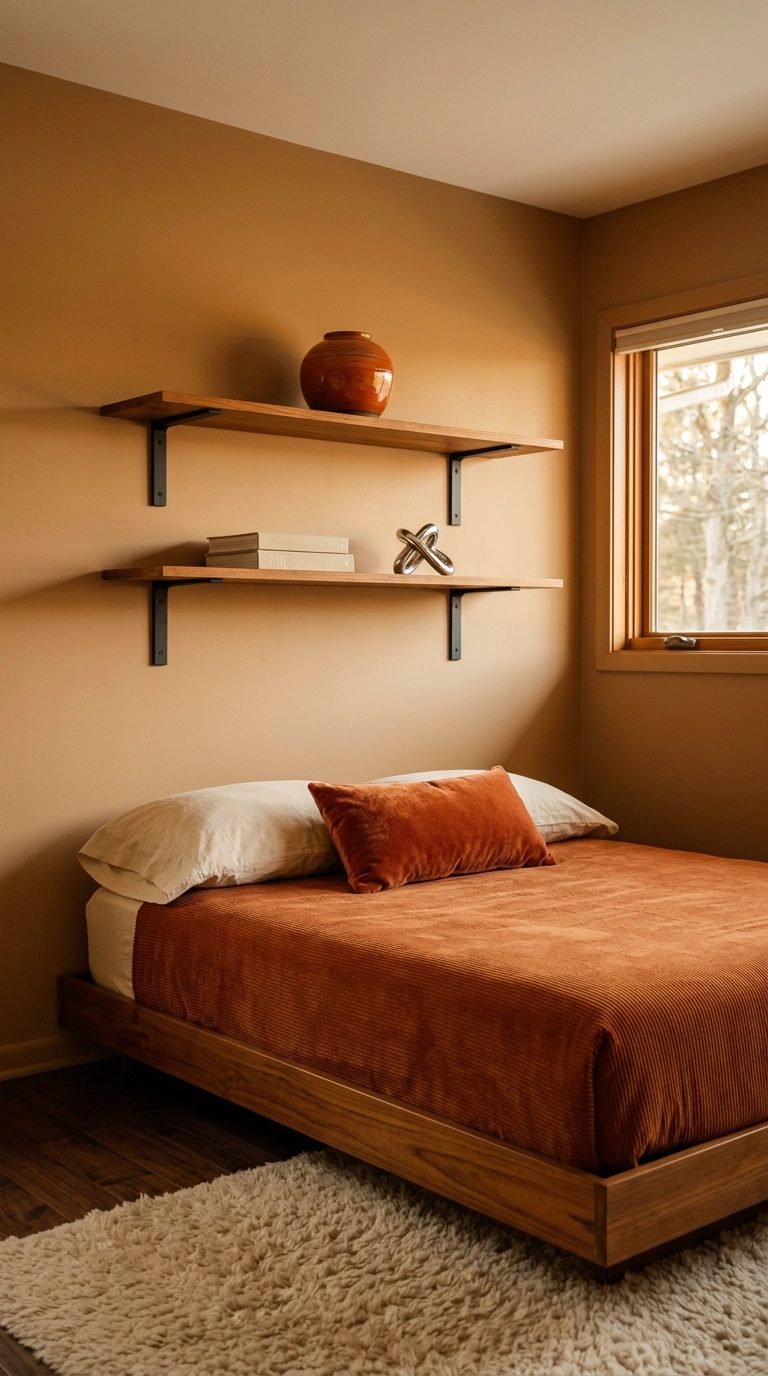 Teak shelves on exposed matte black steel brackets above a bed in a 70s retro revival bedroom