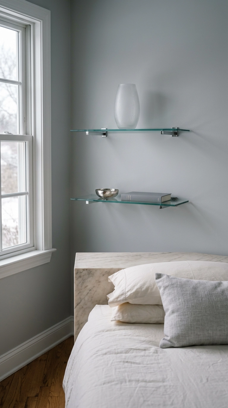 Two clear glass floating shelves on chrome brackets in a dim north-facing bedroom