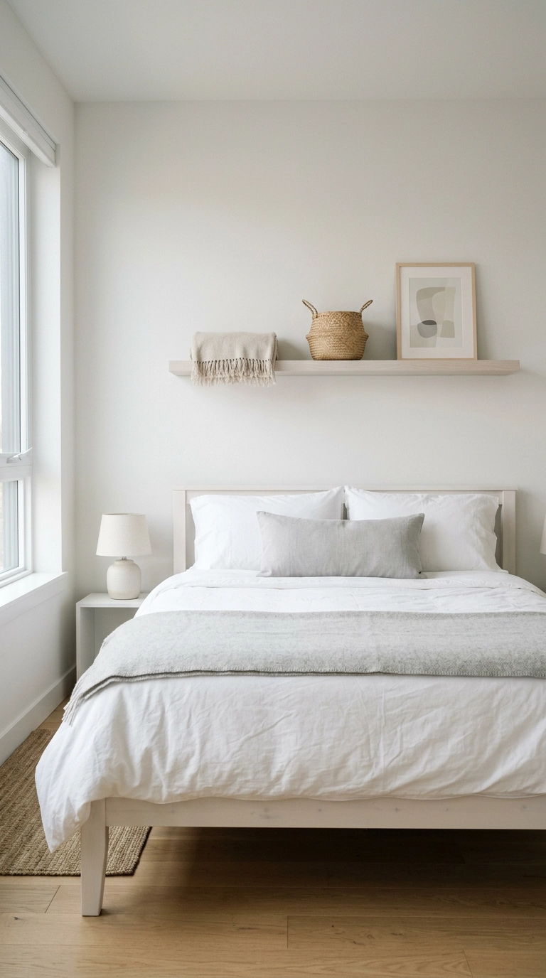 Pale ash floating shelf above a bed styled with soft unbreakable linen and woven items