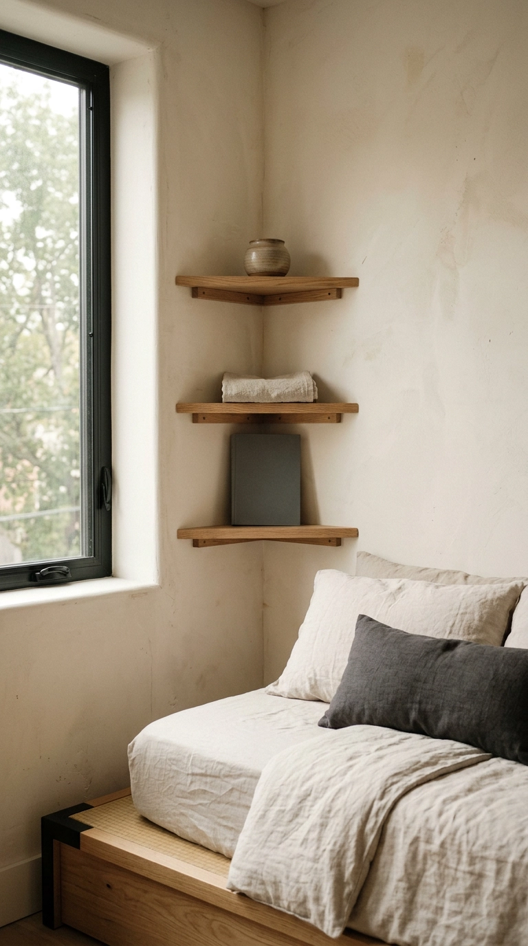 Three small triangular white oak corner floating shelves in a small Japandi bedroom