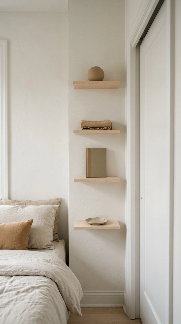 Four narrow birch floating shelves stacked in a vertical column on a small bedroom wall