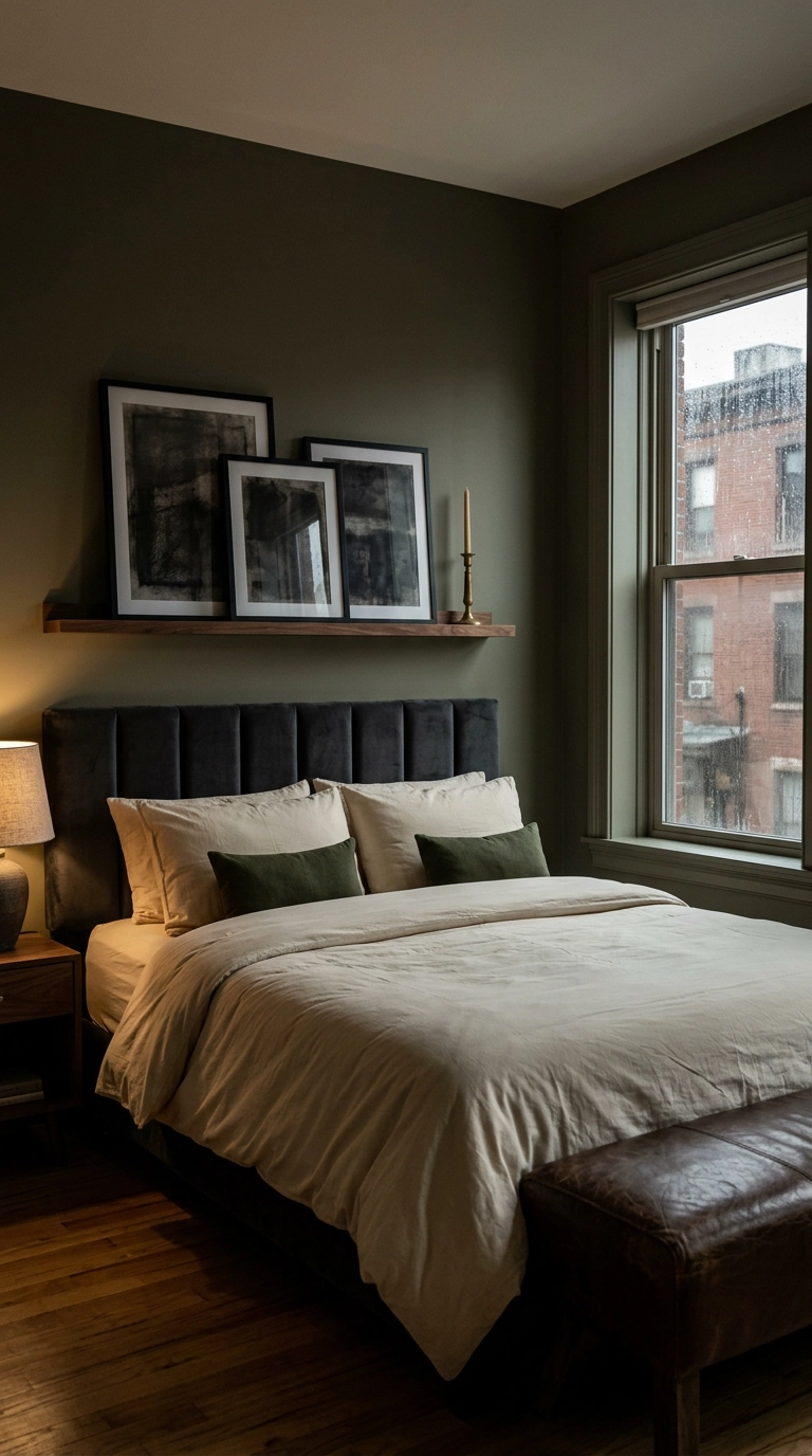 Narrow walnut floating picture ledge above a charcoal headboard with three leaning abstract artworks in a moody bedroom