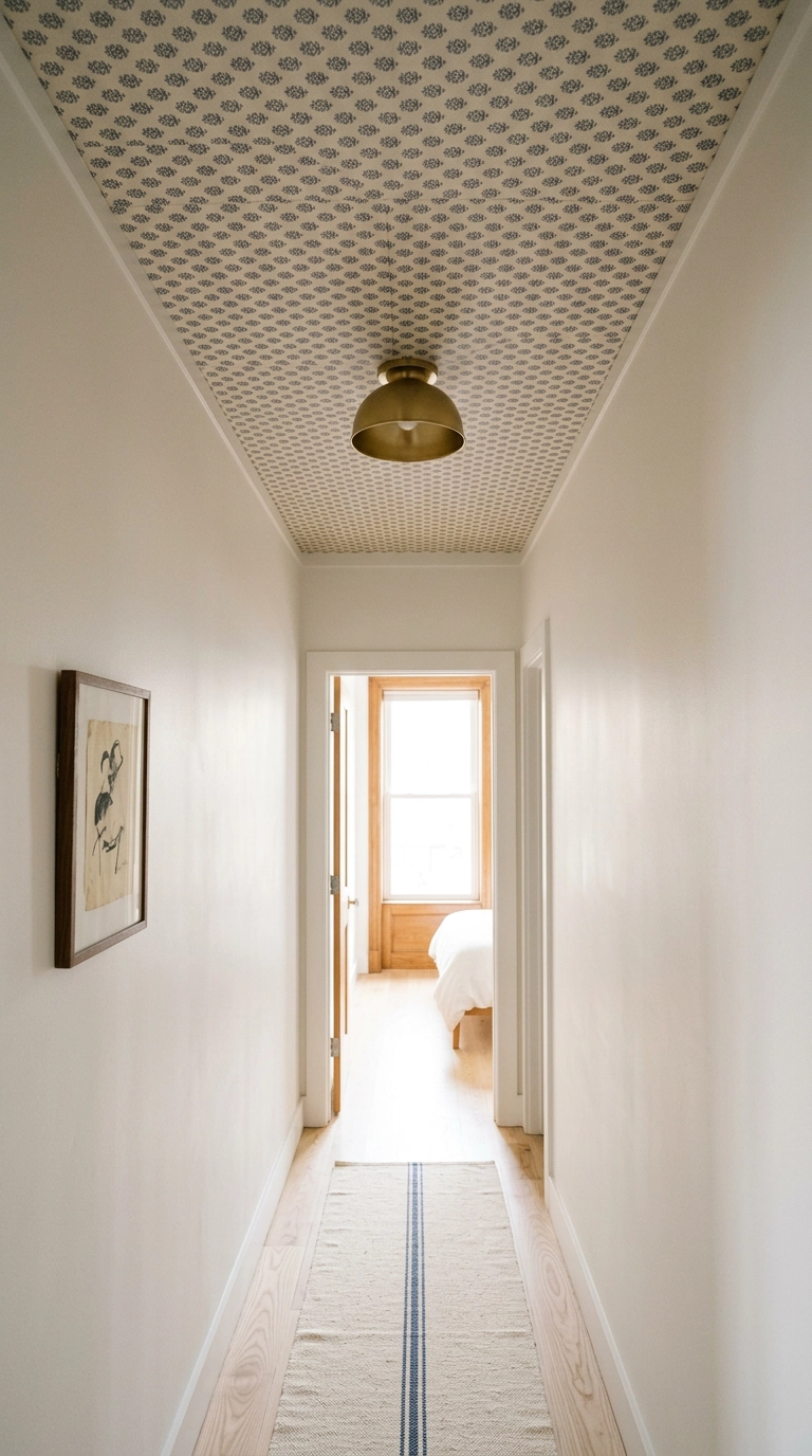 Bedroom hallway with muted indigo block-print peel-and-stick wallpaper on the ceiling