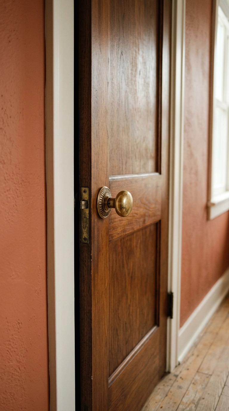 Unlacquered brass doorknob with a fluted rosette on a walnut bedroom door in a hallway