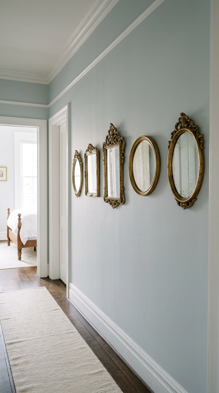 Row of five small vintage gold-framed mirrors along a powder blue-grey bedroom hallway