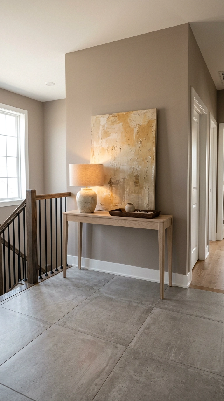 Slim white oak console table with a ceramic lamp and leaning canvas in a bedroom hallway
