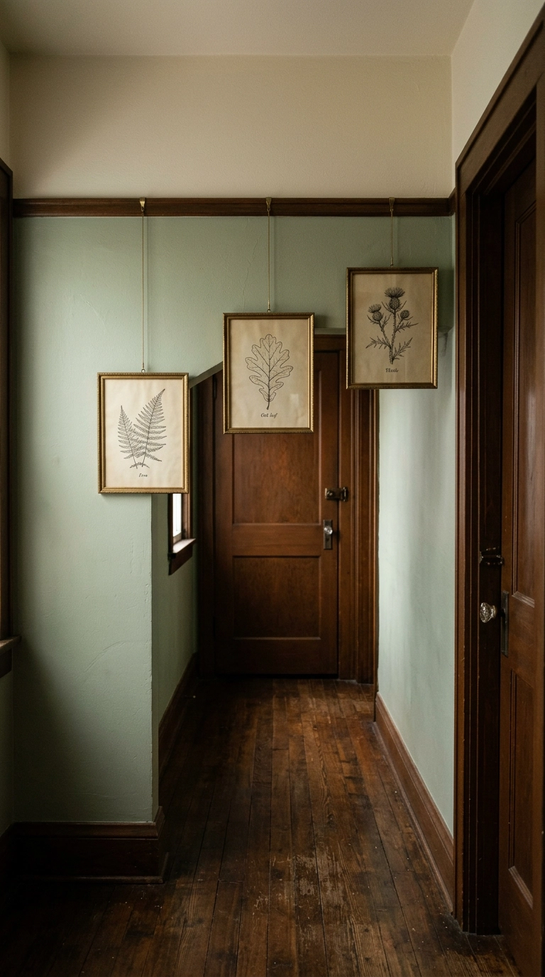 Sage green hallway with picture rail molding and framed botanical art hung on brass wires