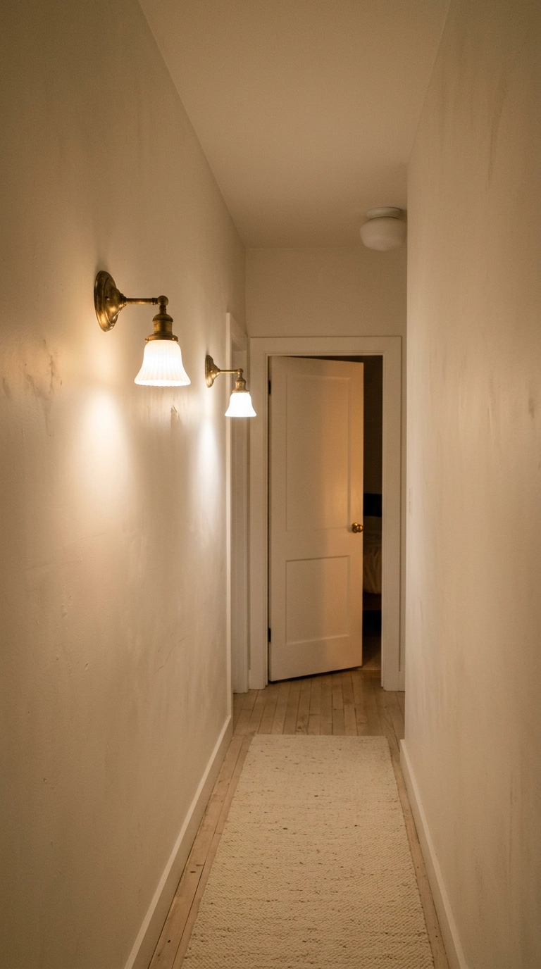 Two aged brass sconces glowing warmly along a narrow white bedroom hallway at night