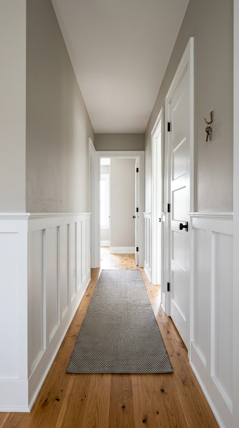 White board and batten wall molding on the lower third of a greige bedroom hallway