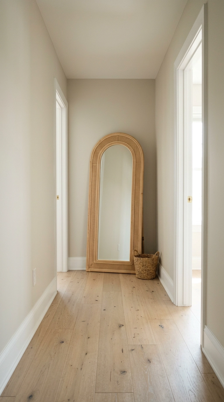 Tall arched rattan-framed mirror leaning at the end of a bright bedroom hallway