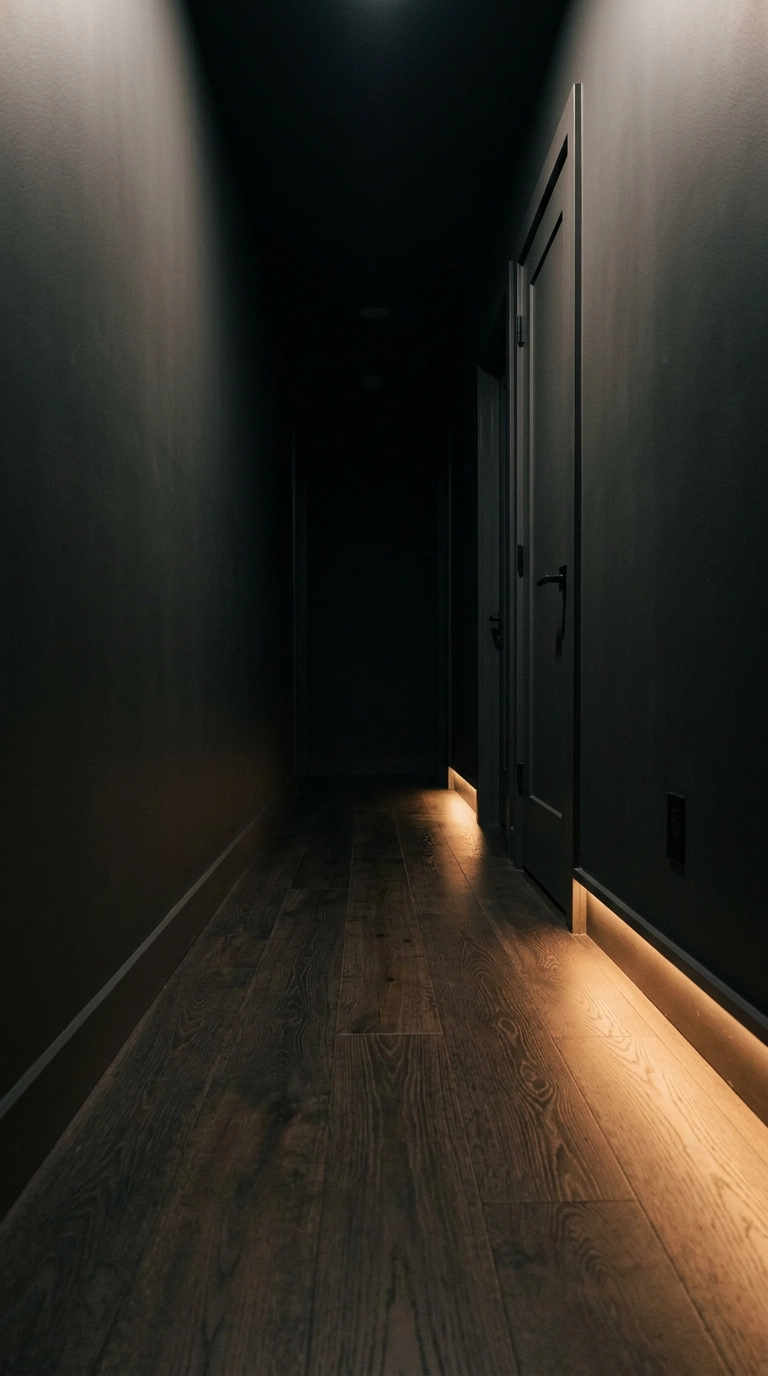 Warm low-level LED strip lighting glowing along the baseboard of a dark bedroom hallway at night