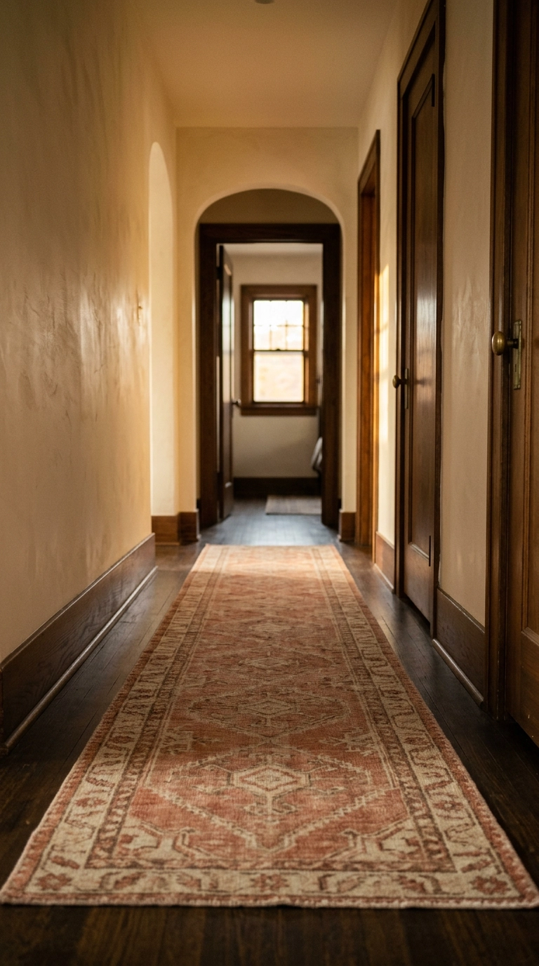 Long terracotta and ivory wool runner in an upstairs bedroom hallway with dark wood floors