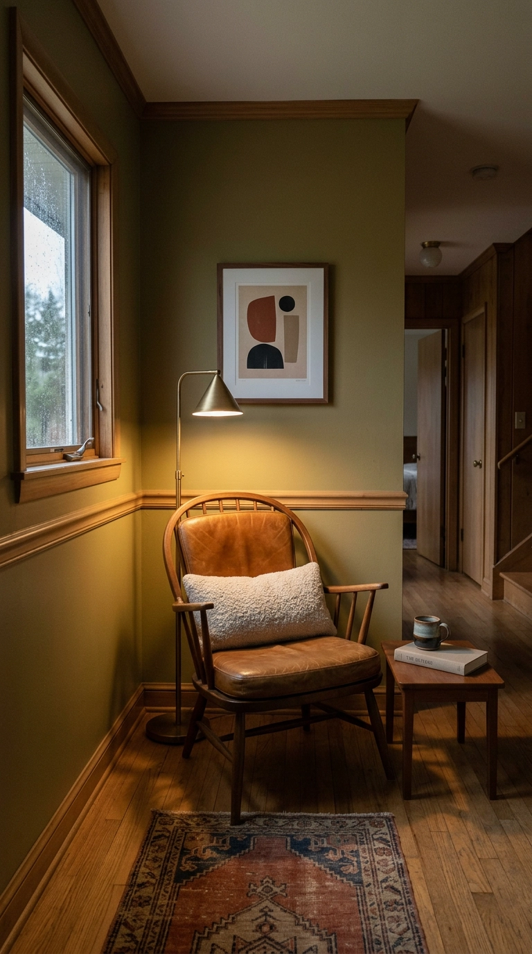Small walnut and leather armchair reading nook in an olive bedroom hallway alcove