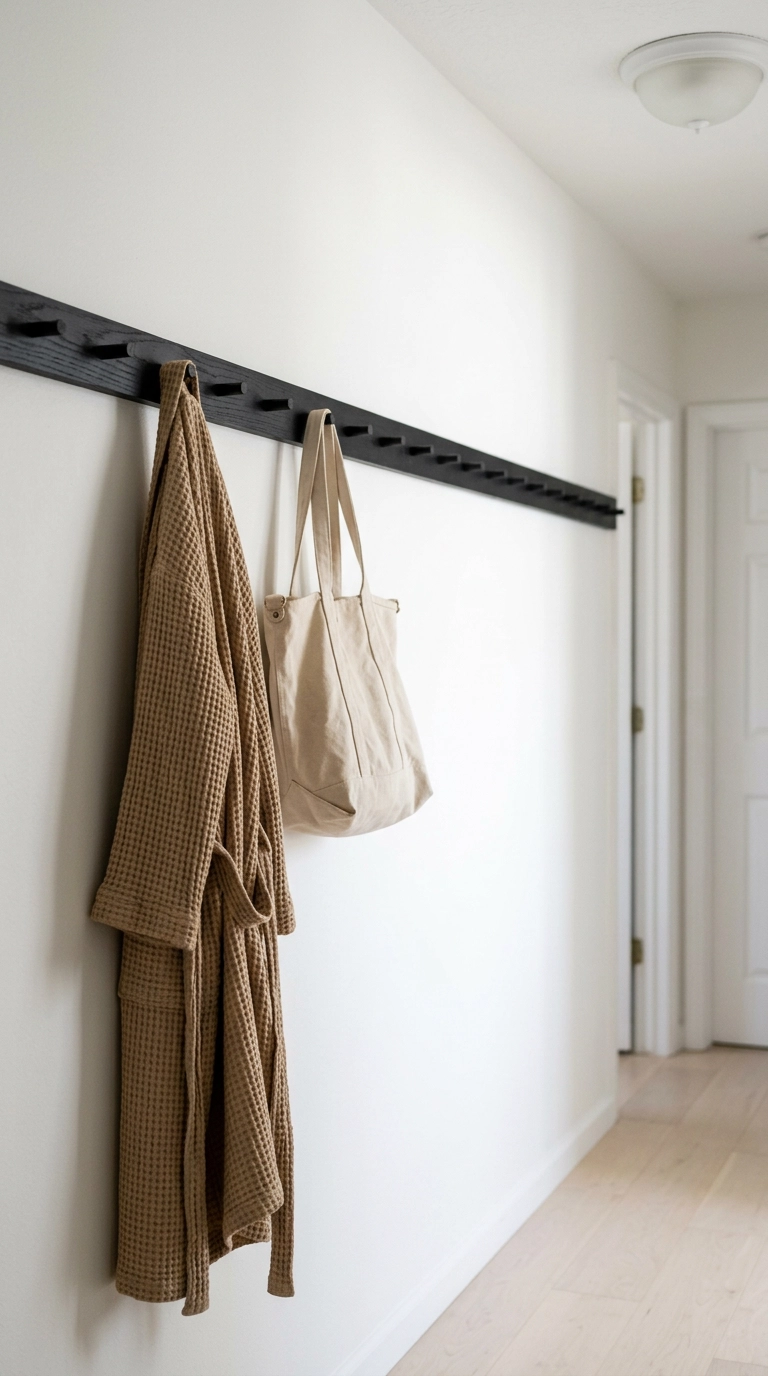 Black-stained oak peg rail with a sand robe and canvas tote in a white bedroom hallway