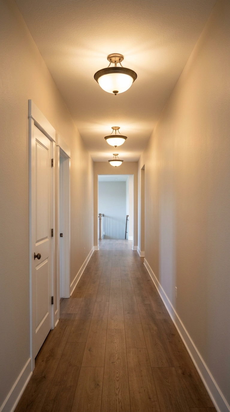 Three small bronze semi-flush ceiling lights spaced down a long bedroom hallway ceiling