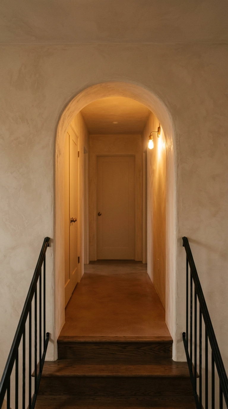 Rounded plaster archway in soft almond limewash framing the entrance to a bedroom hallway