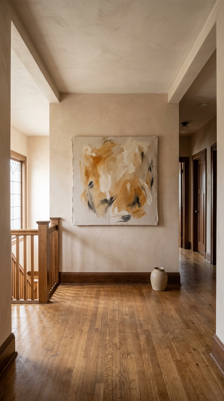One oversized abstract ochre canvas hung alone on a warm clay bedroom hallway wall