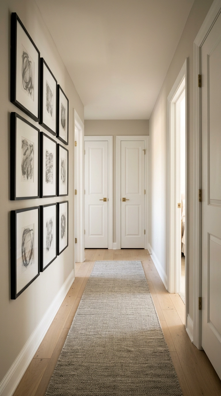Narrow bedroom hallway with a nine-frame black grid gallery wall and an oatmeal runner