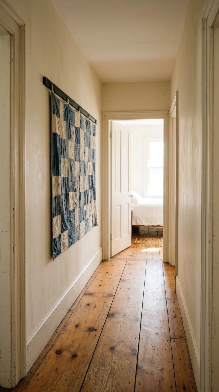 Faded indigo and ivory antique quilt hung flat on the wall of a cream bedroom hallway