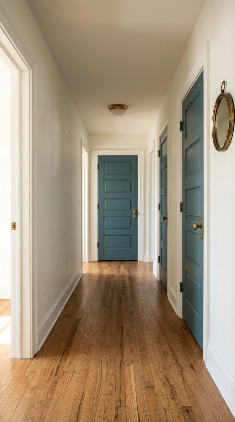Deep teal-blue painted bedroom doors against warm white walls in an upstairs hallway