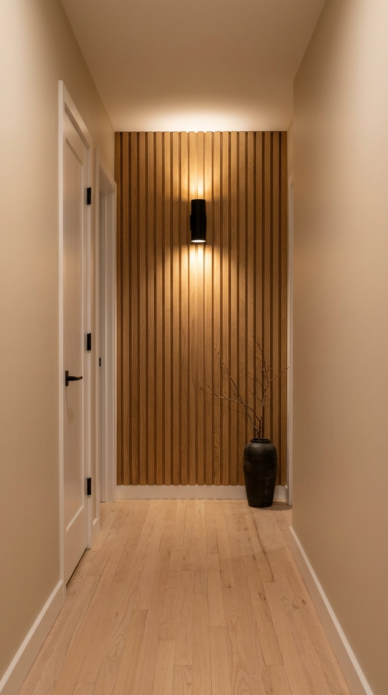 Vertical white oak slat paneling covering the dead-end wall of an upstairs bedroom hallway