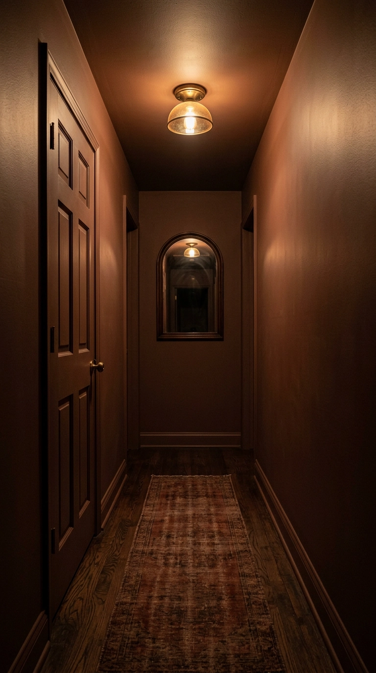 Windowless bedroom hallway color drenched in deep clay-brown paint on walls trim and ceiling