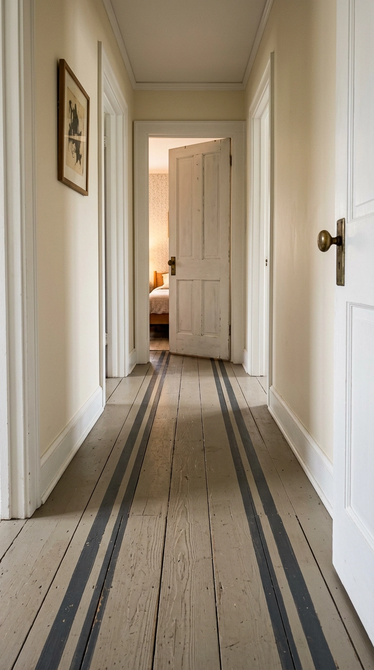 Painted charcoal stripes on a greige hallway floor mimicking a runner rug