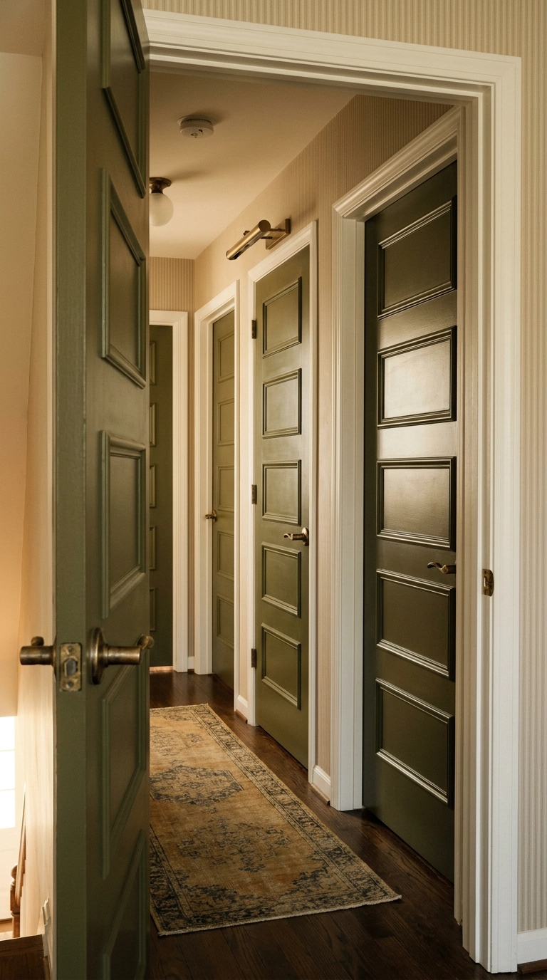 Flat hollow-core doors upgraded with applied molding and painted deep olive in a hallway