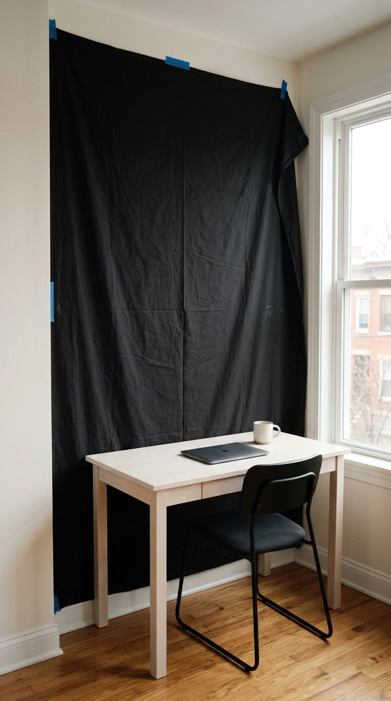 Black bedsheet taped to a wall as a free test before painting a black accent wall