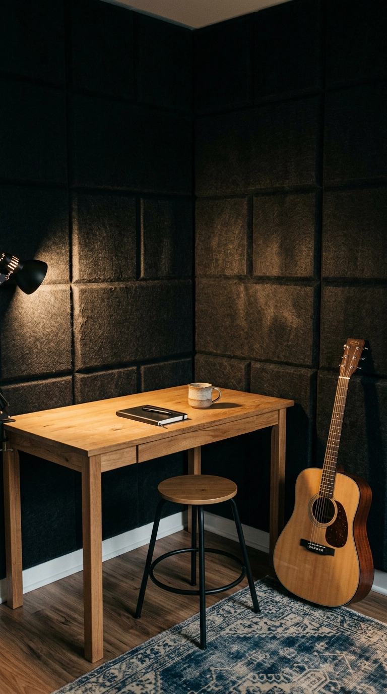 Black wool felt acoustic panels covering an apartment wall in a music and work nook
