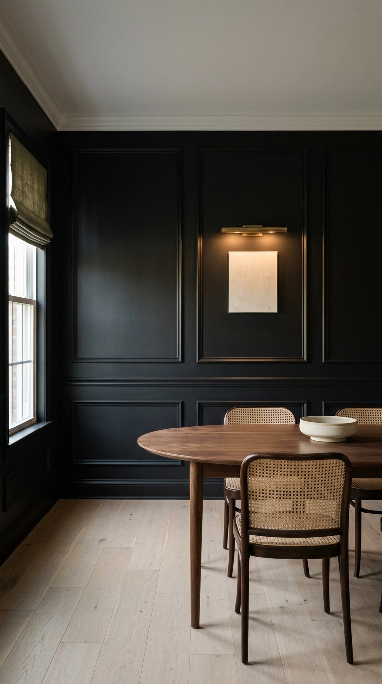 Black picture-frame molding accent wall with matching trim in a formal dining room