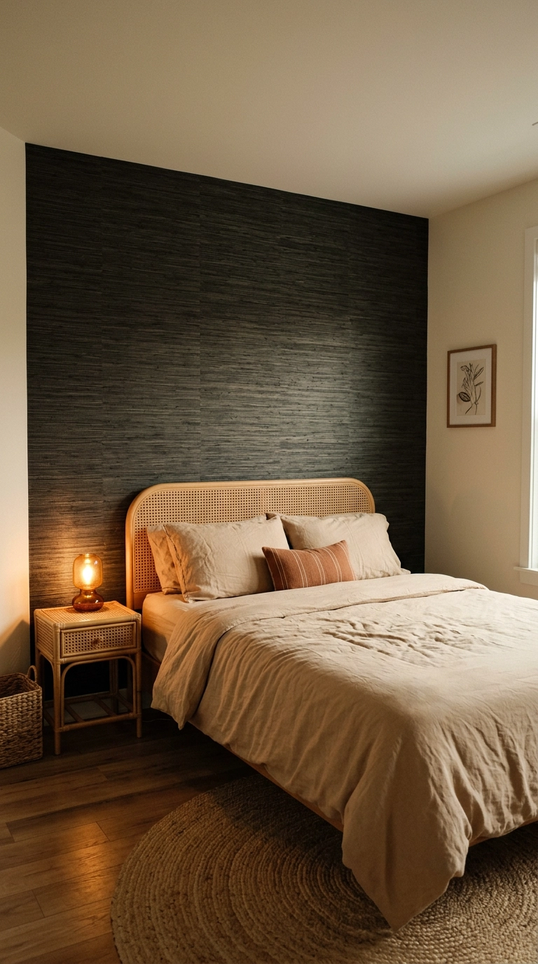 Black grasscloth peel and stick wallpaper accent wall behind a rattan headboard