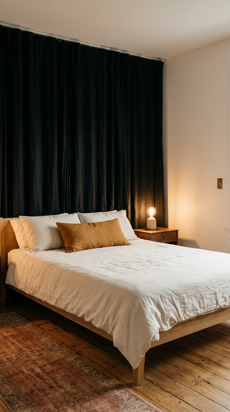 Black linen curtains covering a full bedroom wall as a renter-friendly black accent wall
