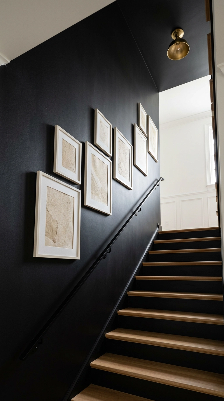Two-story black stairwell wall with a rising gallery of white picture frames
