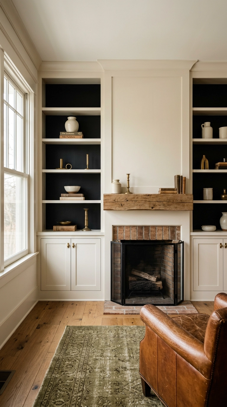 Built-in white bookshelves with deep black painted back panels holding pale ceramics