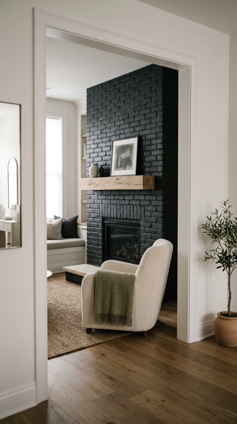 Black painted brick fireplace wall seen from a doorway in a transitional living room