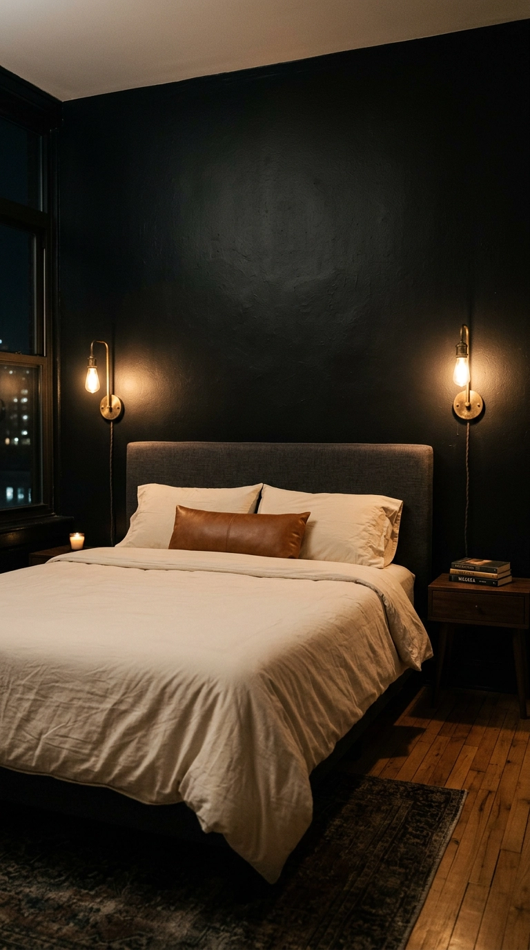 Two aged brass plug-in sconces mounted on a black bedroom accent wall beside the bed
