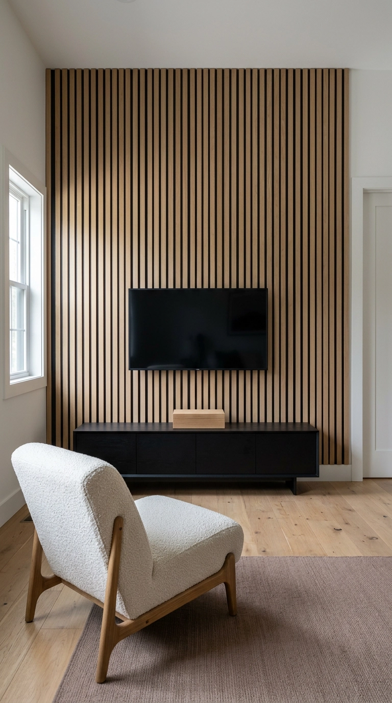 White oak vertical slat wall over black backing in a Japandi family room