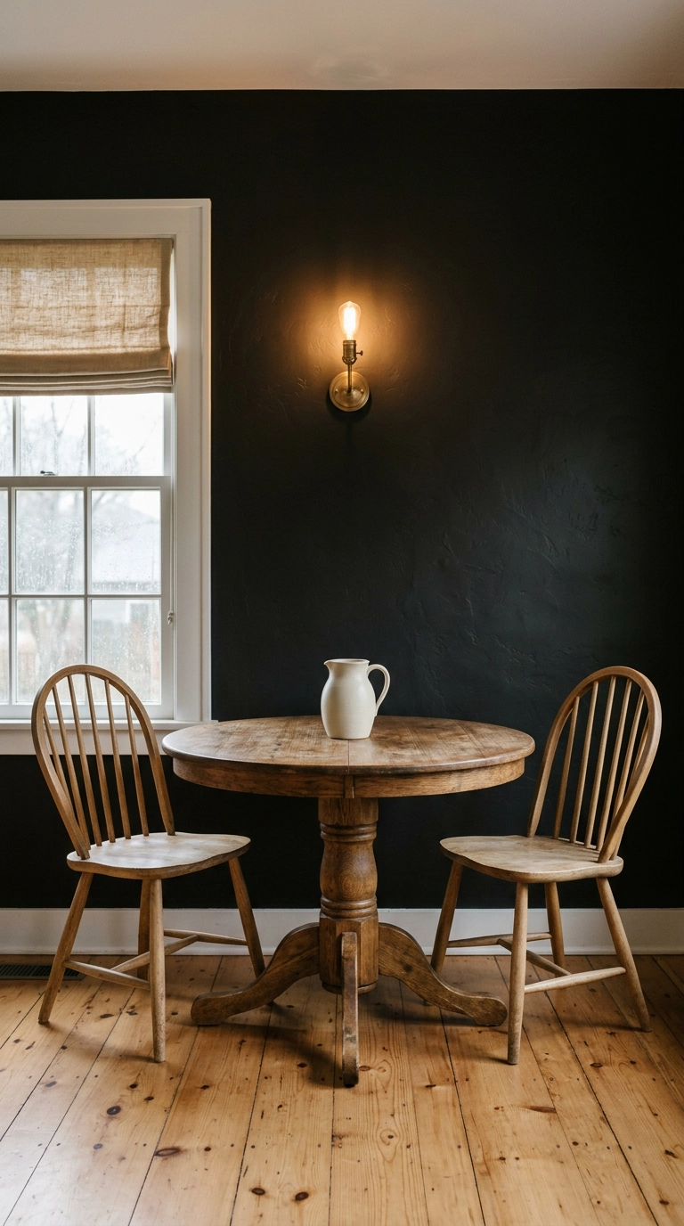 Warm brown-black accent wall in a cottage dining nook with aged oak table and brass sconce