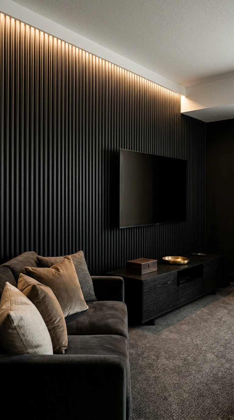 Fluted black wood paneling lit by cove lighting in a basement media lounge