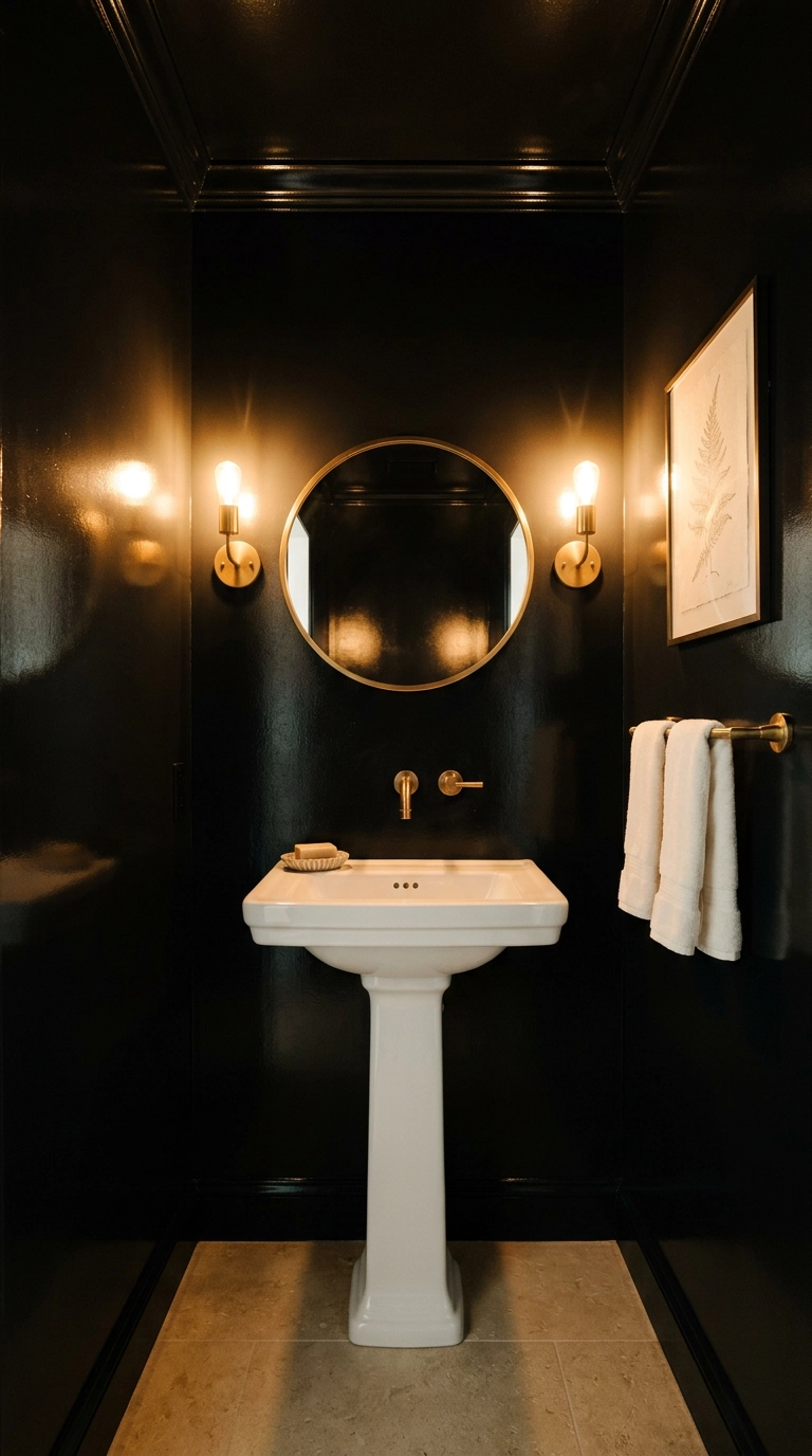 Small powder room drenched in high-gloss black paint with brass sconces and a pedestal sink