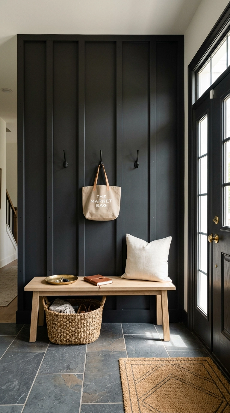 Black board and batten wall molding in a modern farmhouse entryway with oak bench