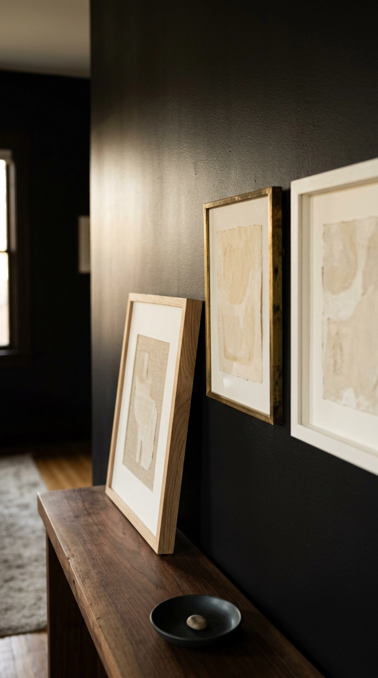 Raw oak, aged brass, and white picture frames compared against a black accent wall