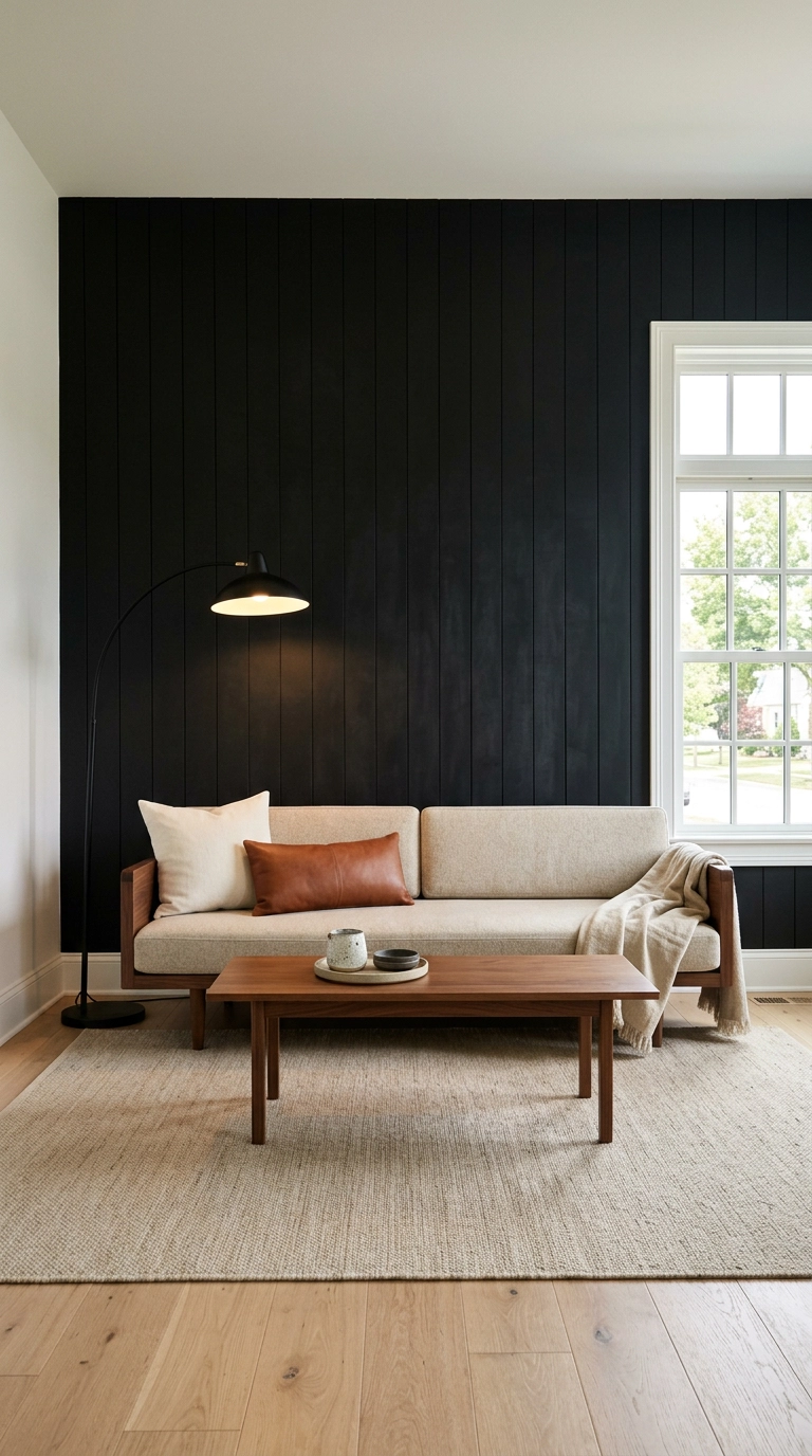 Matte black accent wall behind an oatmeal sofa in a mid-century modern living room