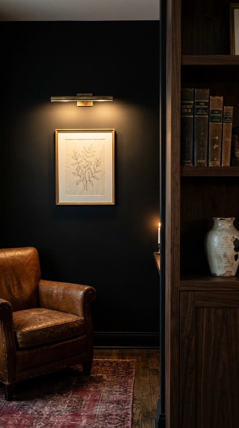 Brass battery picture light washing warm light down a black accent wall over framed art
