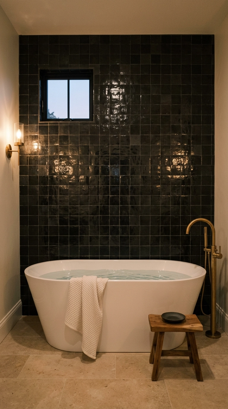 Glossy black zellige tile wall behind a freestanding tub in a primary bathroom