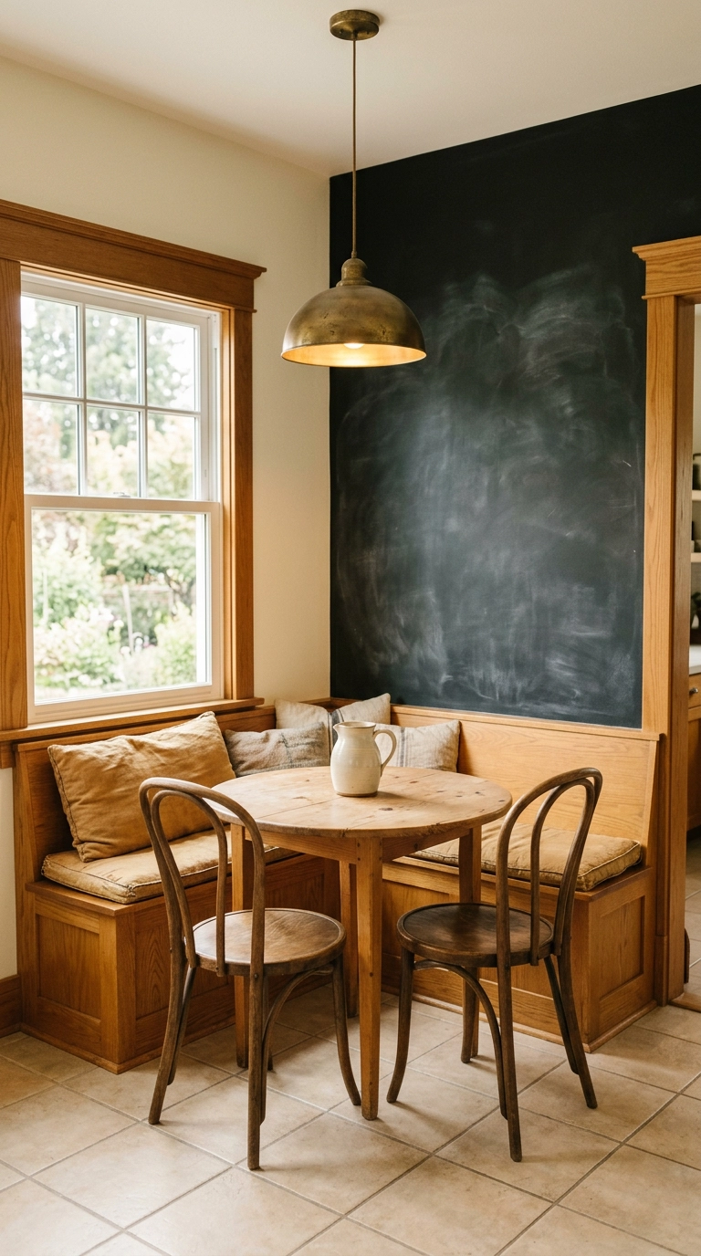 Matte black chalkboard paint accent wall beside a banquette in a craftsman breakfast nook