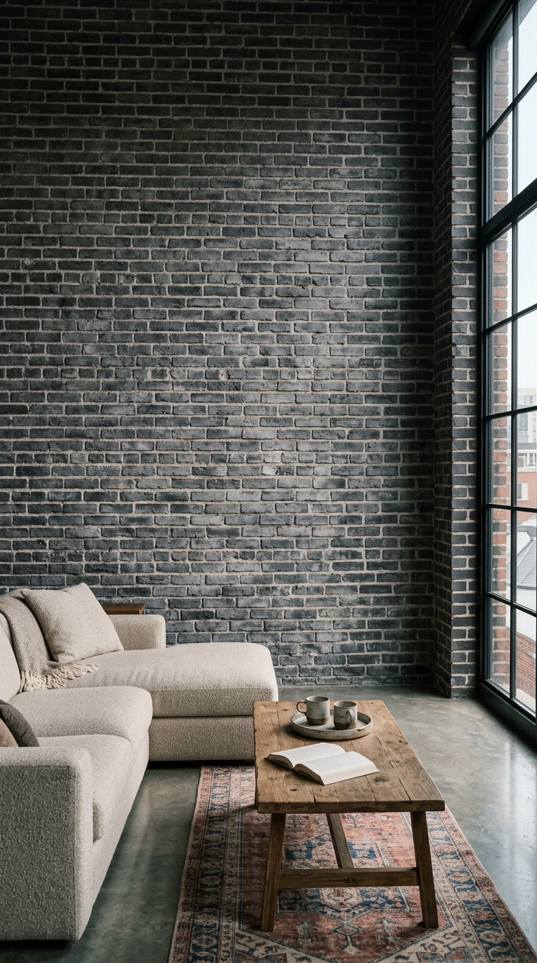 Exposed brick wall washed in black limewash in an industrial loft living area